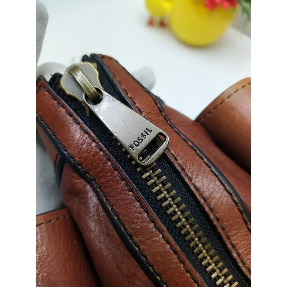 Fossil Maddox Brown Leather Black Stripe Zipper Satchel Shoulder Bag